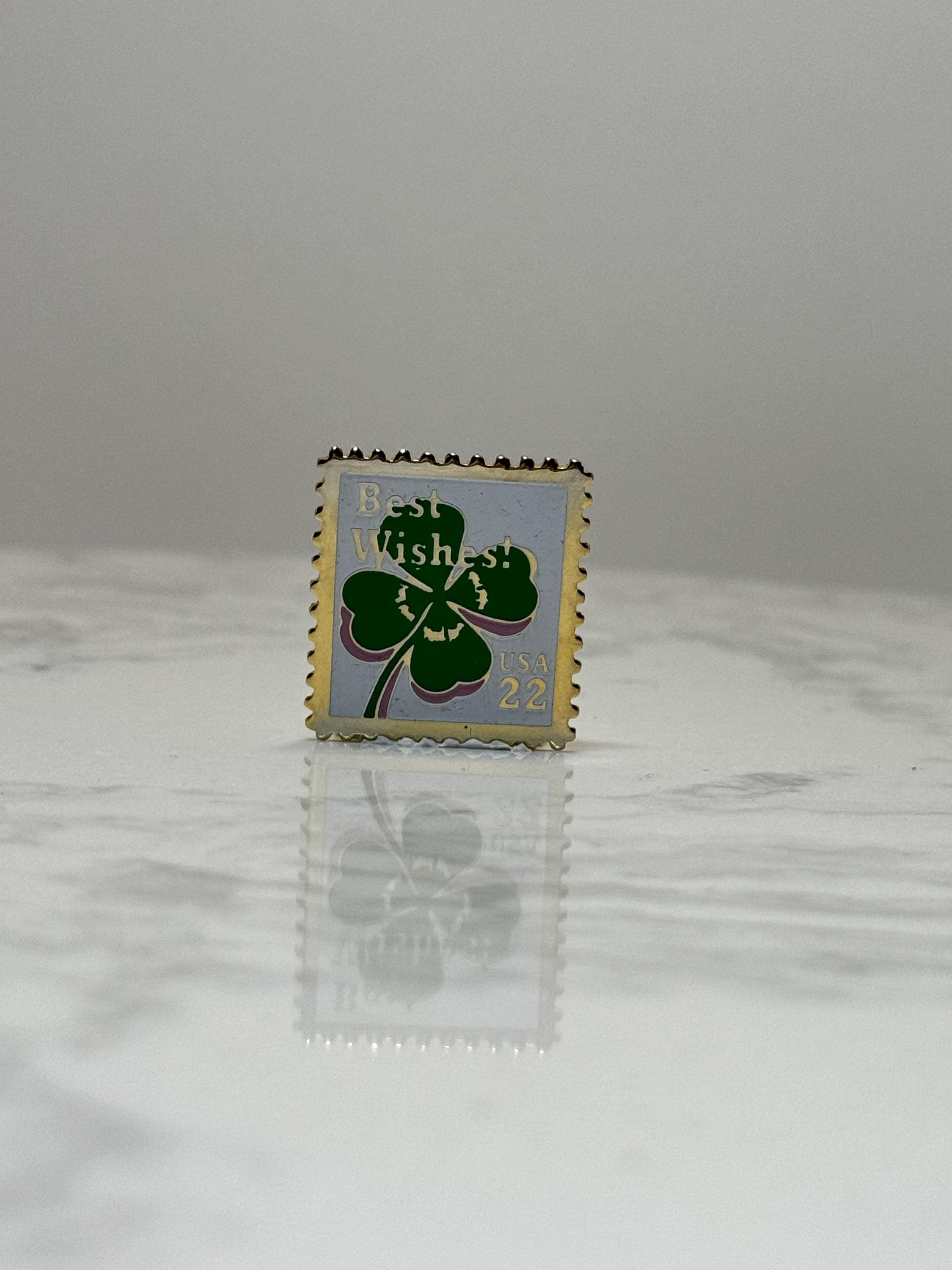 Best Wishes Irish Stamp Pin: Green Clover Enamel - Vintage Luck Accessory