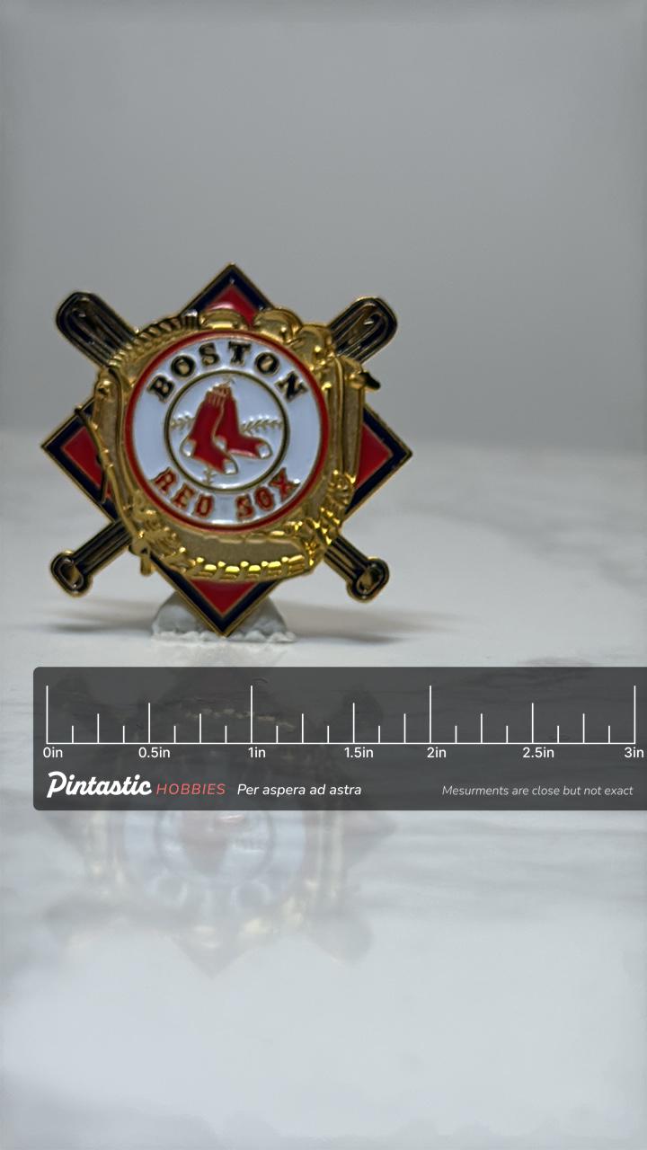 Boston Red Sox Baseball Pin: Red White Gold Enamel - MLB Sports Accessory with ruler overlay for size reference