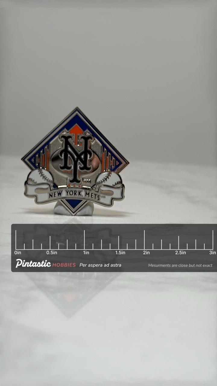 New York Mets Baseball Pin: Silver Enamel - MLB Sports Accessory with ruler overlay for size reference