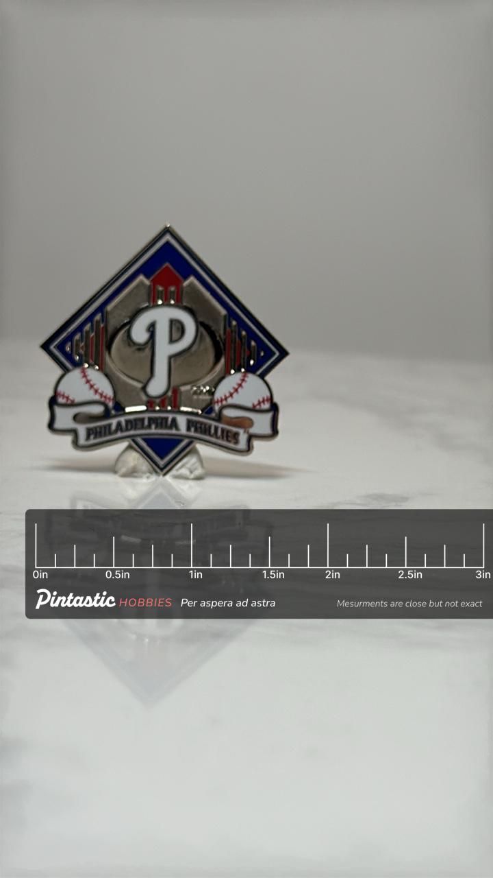 Philadelphia Phillies Baseball Pin: Enamel & Silver Tone - Sports Fan Accessory with ruler overlay for size reference