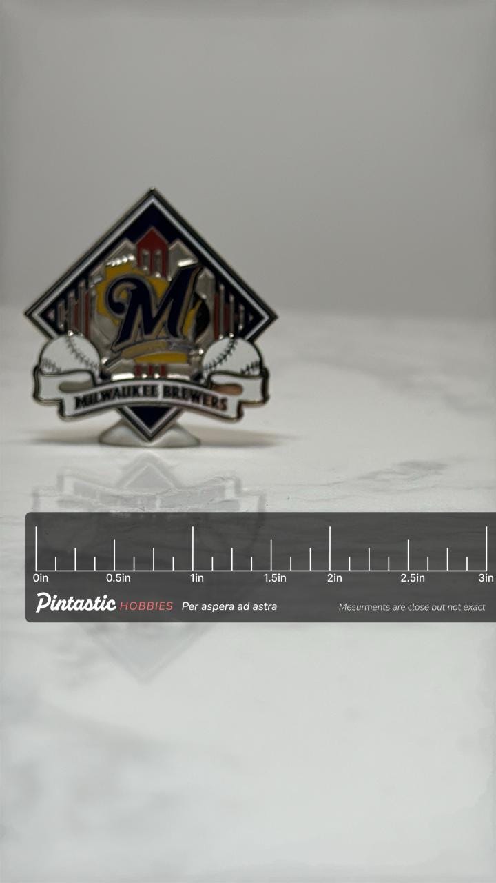 Milwaukee Brewers Baseball Pin: Enamel Silver Tone - MLB Sports Accessory with ruler overlay for size reference