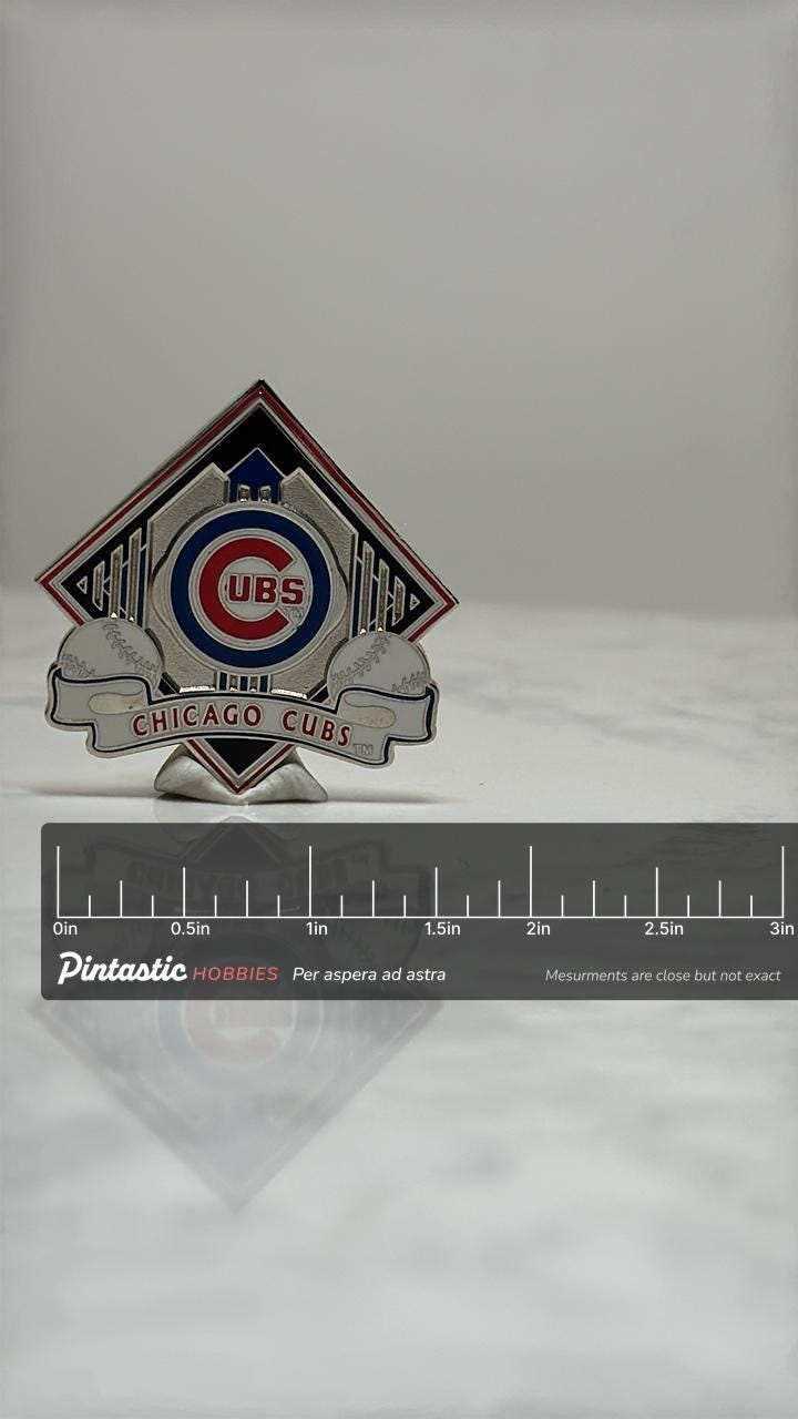 Chicago Cubs Baseball Pin: Silver Red Blue Enamel - MLB Fan Accessory with ruler overlay for size reference
