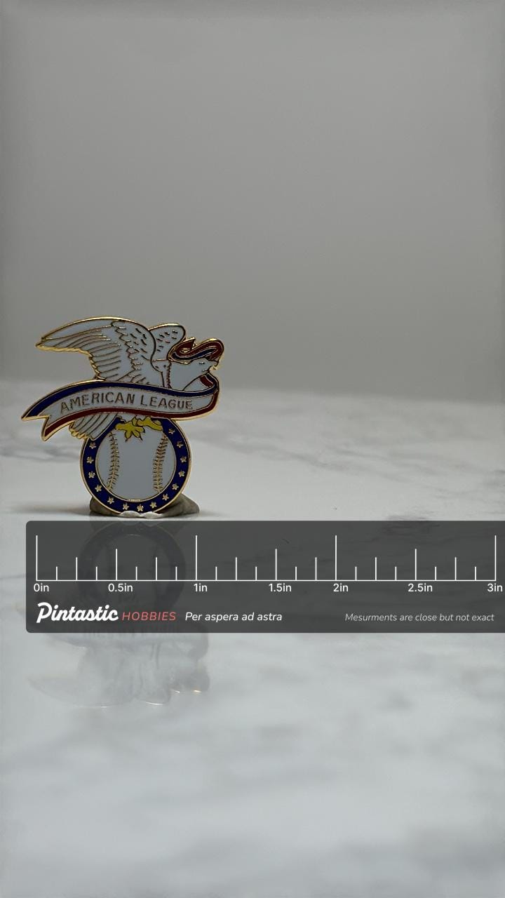 American League Baseball Pin: Gold Trim Enamel - Vintage Sports Accessory with ruler overlay for size reference