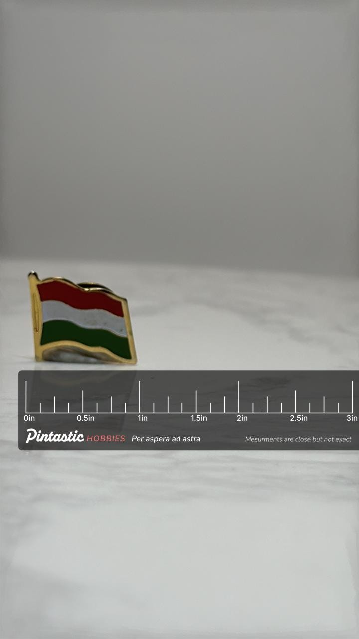 Hungary Flag Lapel Pin: Gold Trim Enamel - Patriotic Travel Accessory with ruler overlay for size reference
