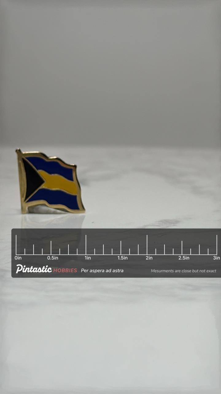 Bahamas Flag Lapel Pin: Gold Trim Enamel - Travel Souvenir Accessory with ruler overlay for size reference