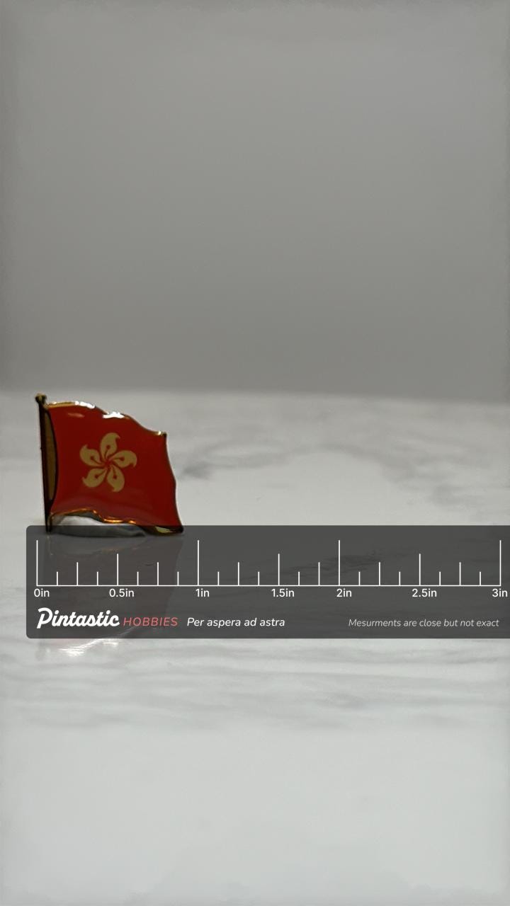 Hong Kong Flag Pin: Red Enamel Gold Trim - Travel Souvenir Accessory with ruler overlay for size reference