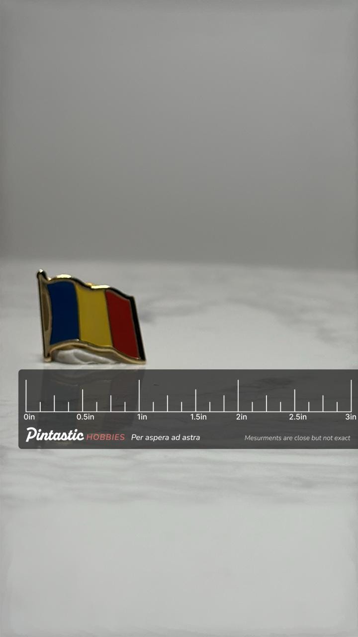 Romania Flag Pin: Gold-Tone Enamel - Patriotic Accessory with ruler overlay for size reference