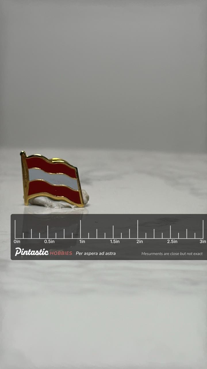 Austria Flag Lapel Pin: Red White Enamel - Vintage Travel Accessory with ruler overlay for size reference