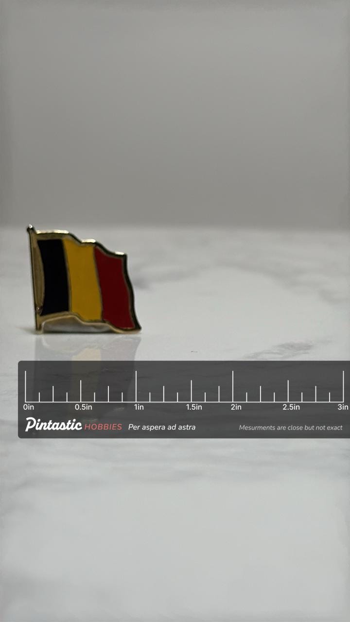 Belgium Flag Lapel Pin: Gold Trim Enamel - Patriotic Travel Accessory with ruler overlay for size reference