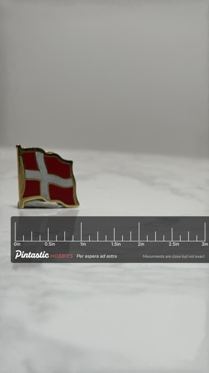Denmark Flag Lapel Pin: Red White Enamel Gold Trim - Vintage Patriotic Accessory with ruler overlay for size reference