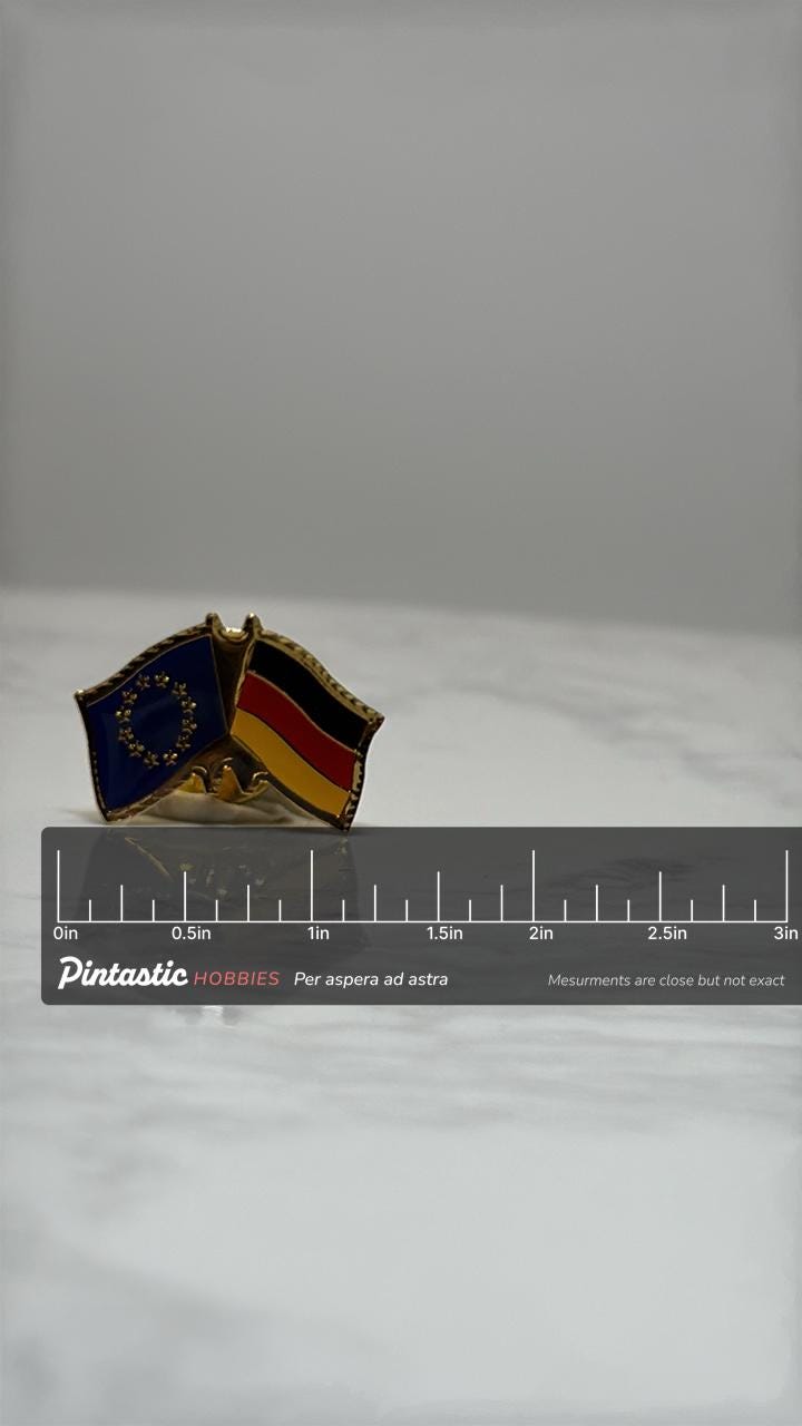 Germany EU Flag Pin: Gold Enamel Finish - Patriotic Accessory with ruler overlay for size reference