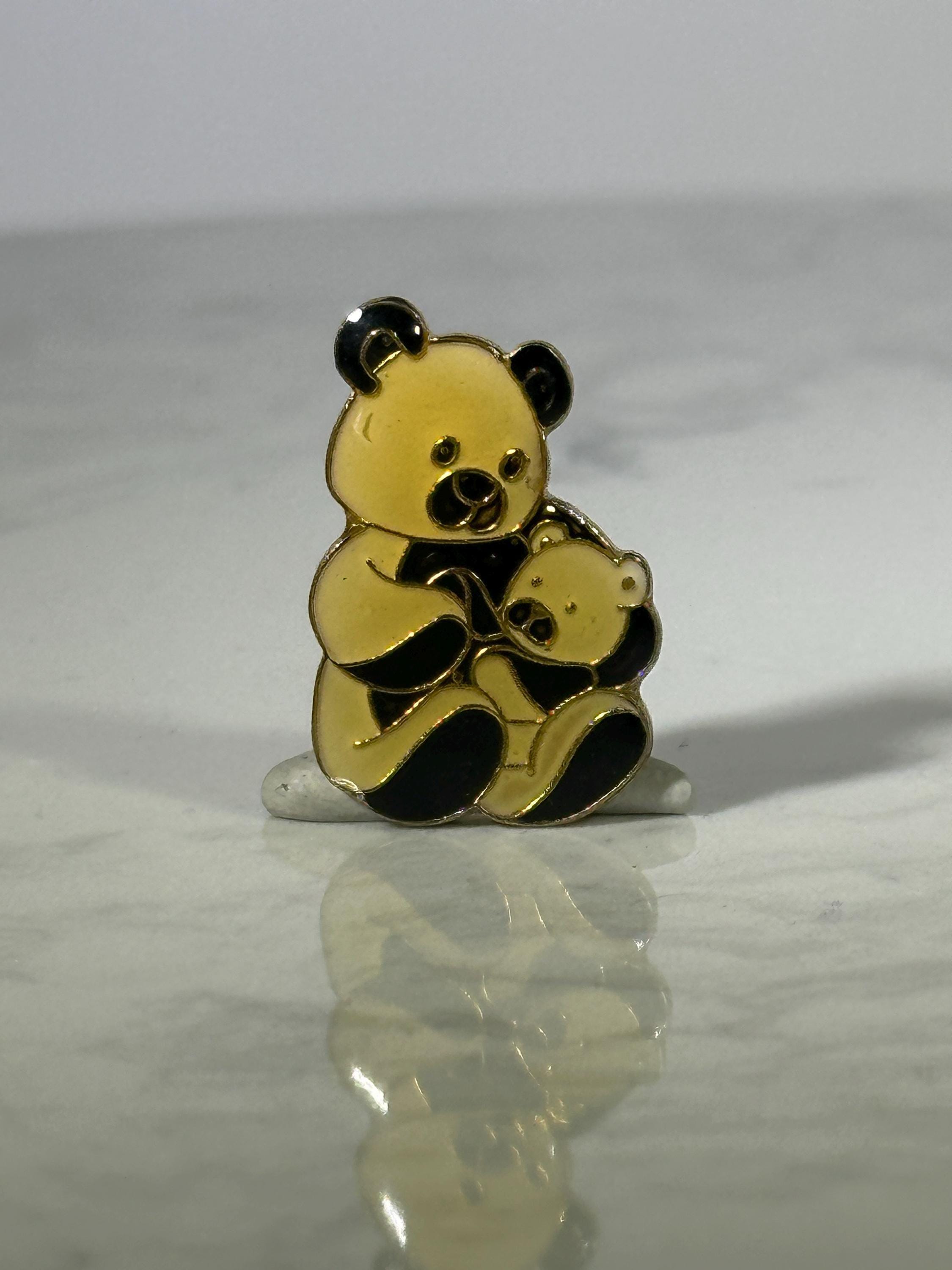 Teddy bear hug lapel pin: gold & black enamel - whimsical vintage accessory