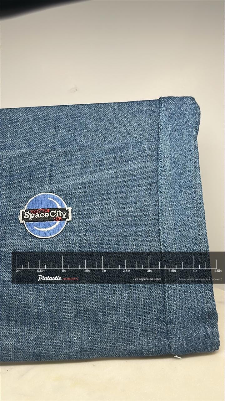 Space City Collectable Patch: Blue Retro Logo - Space-Themed Accessory with ruler overlay for size reference