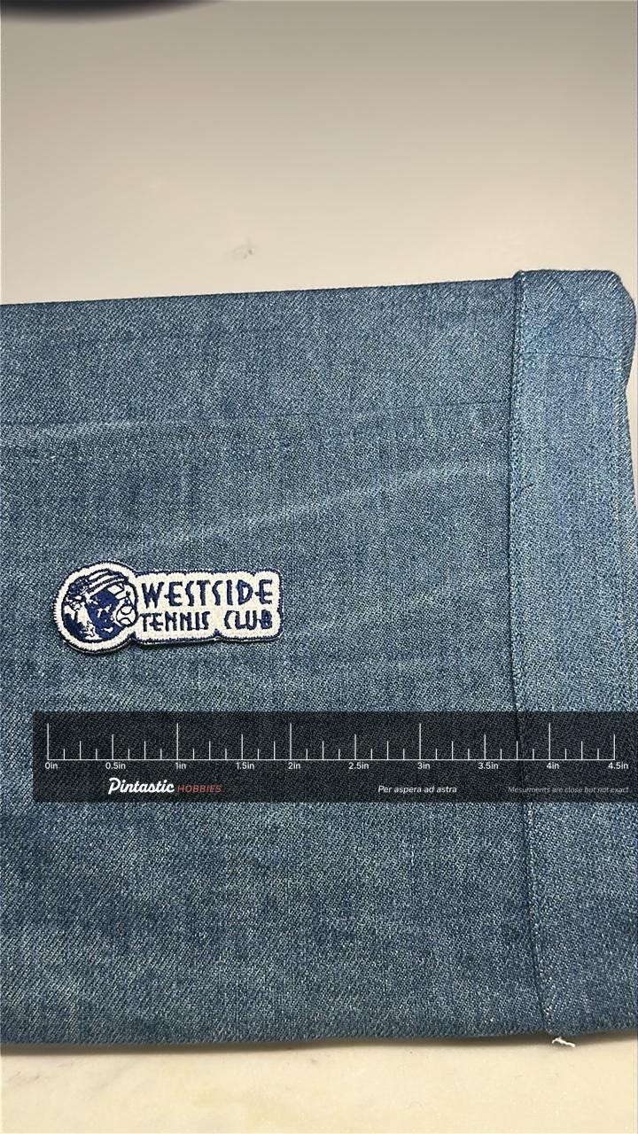Westside Tennis Club Collectable Patch: Blue & White - Vintage Sports Accessory with ruler overlay for size reference