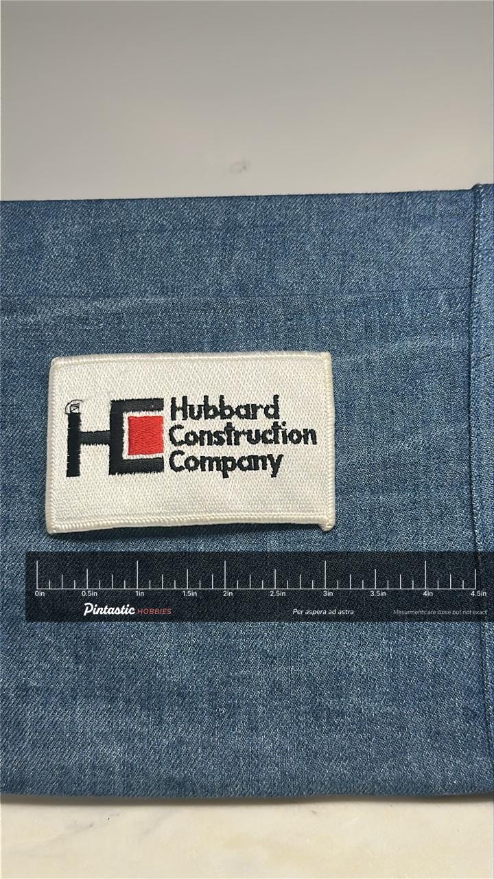 Hubbard Construction Patch: White Red Black Logo - Vintage Workwear Accessory with ruler overlay for size reference