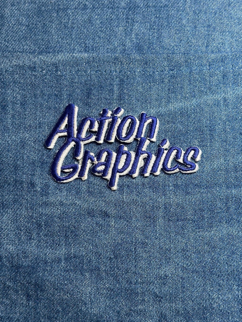 Action Graphics Collectable Patch: Blue & White Script - Retro Company Accessory
