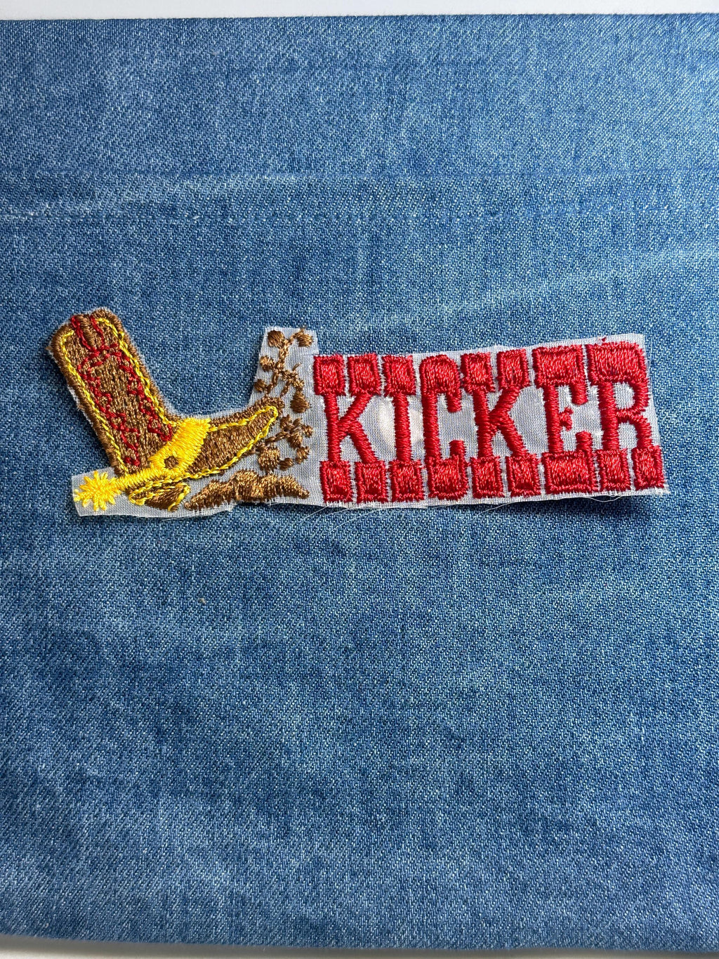 70s Boot Kicker Patch: Bold Red Text - Retro Cowboy Accessory