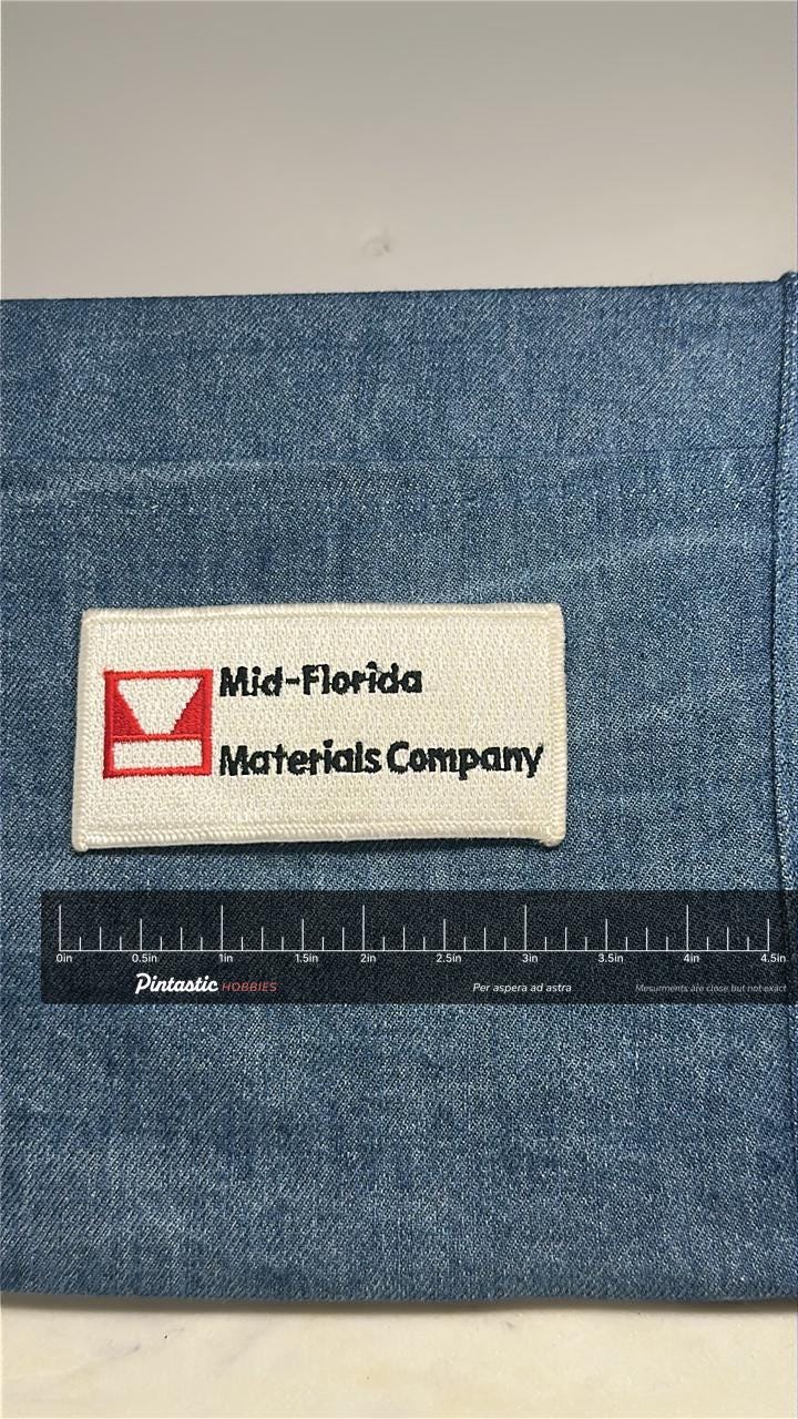 Mid-Florida Materials Collectable Patch: White & Red - Retro Work Accessory with ruler overlay for size reference