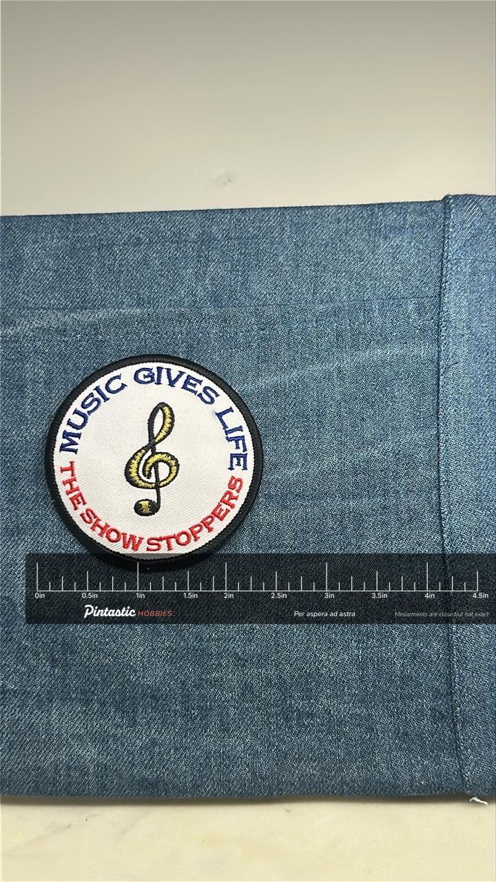 Music Gives Life Collectable Patch: Round White - Vintage Band Accessory with ruler overlay for size reference
