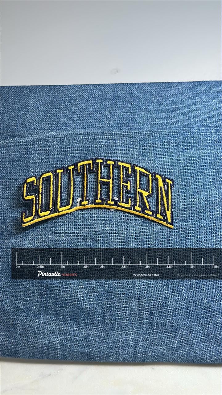 Southern Collegiate Patch: Bold Yellow & Blue - Vintage Style Accessory with ruler overlay for size reference