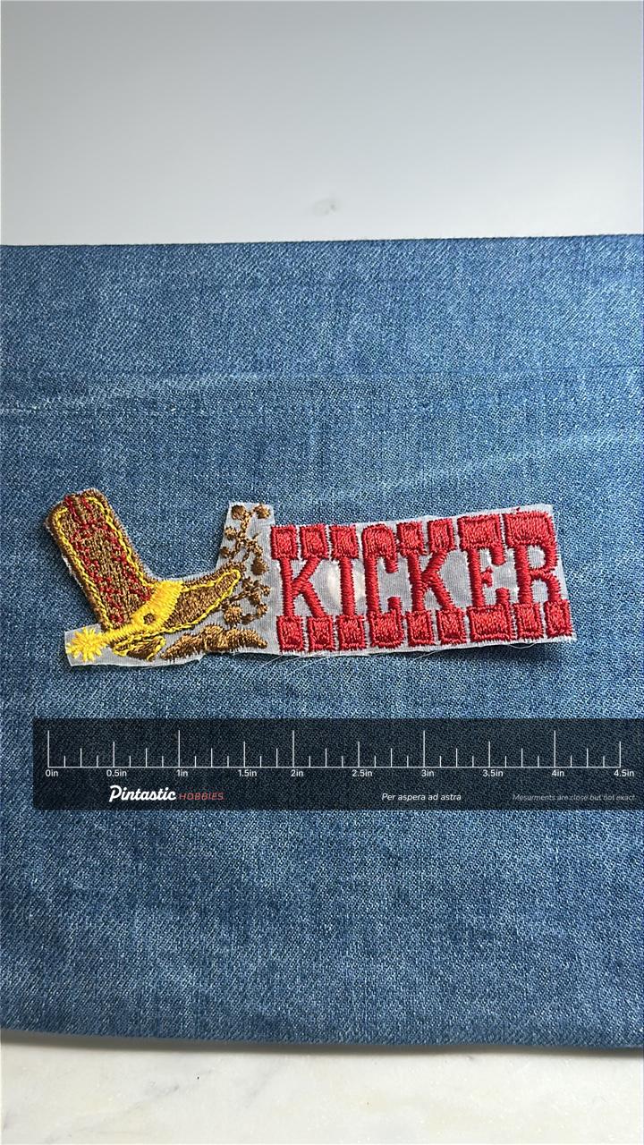 70s Boot Kicker Patch: Bold Red Text - Retro Cowboy Accessory with ruler overlay for size reference