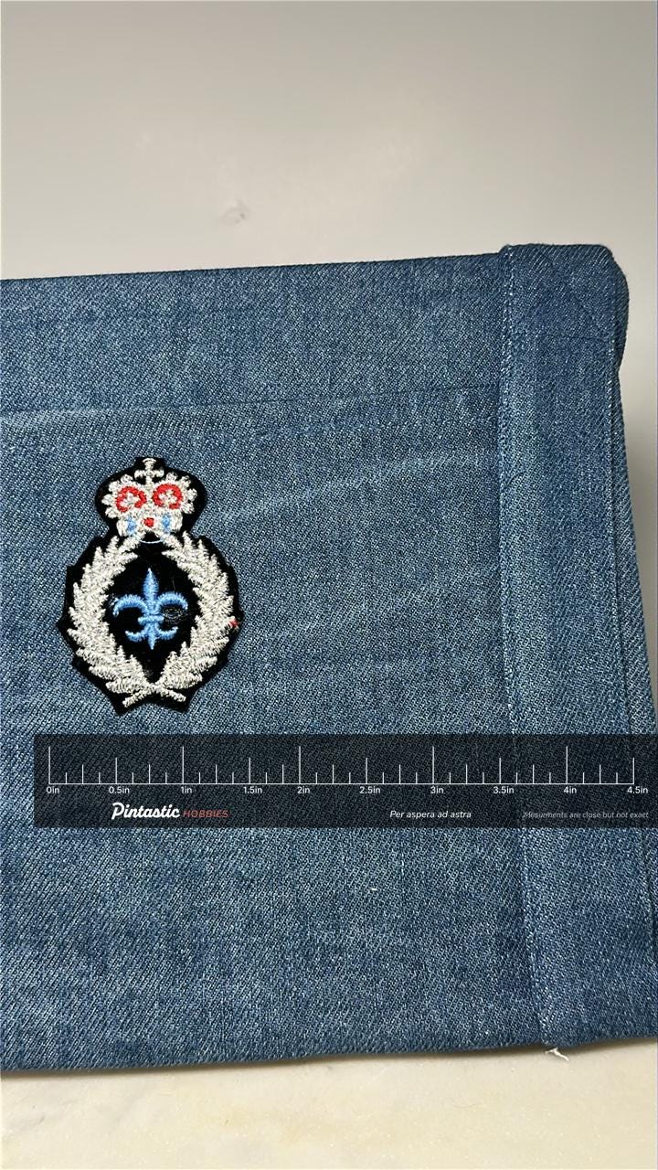 Crown & Fleur-de-Lis Collectable Patch: Silver Black Velvet - Regal Emblem with ruler overlay for size reference