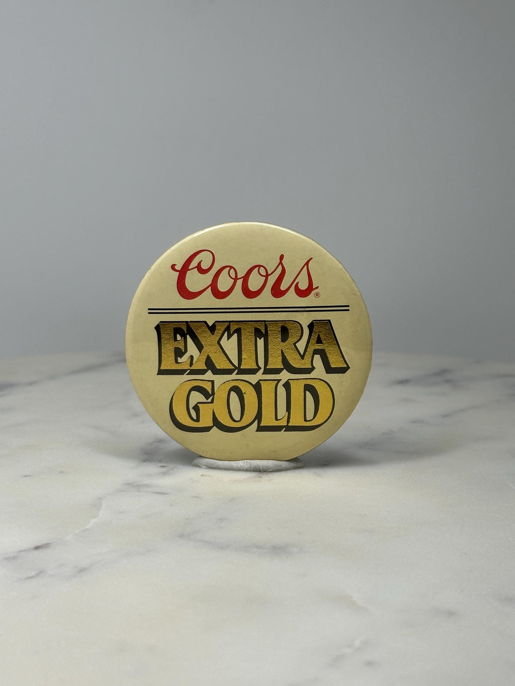 Coors Extra Gold Beer Button Pin: Cream & Gold Logo - 1980s Bar Accessory