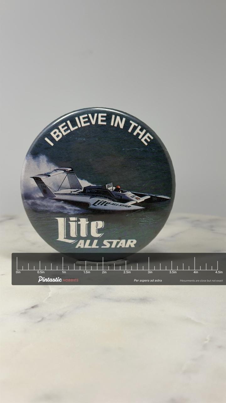 Miller Lite All Star Boat Pinback Button: Full Color - 1980s Promo Accessory with ruler overlay for size reference