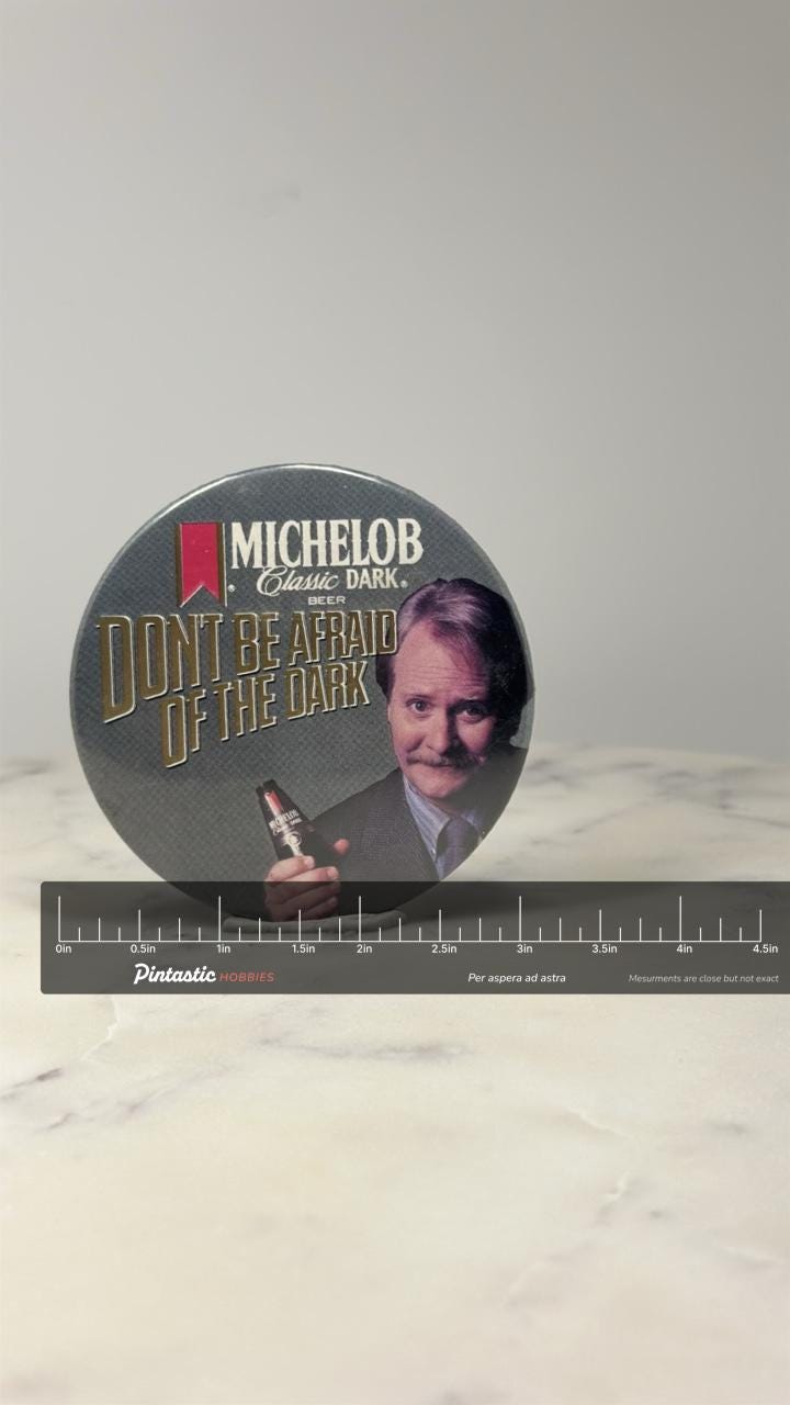 Michelob Classic Dark Beer Button Pin: Gray Promo - 1990s Advertising with ruler overlay for size reference
