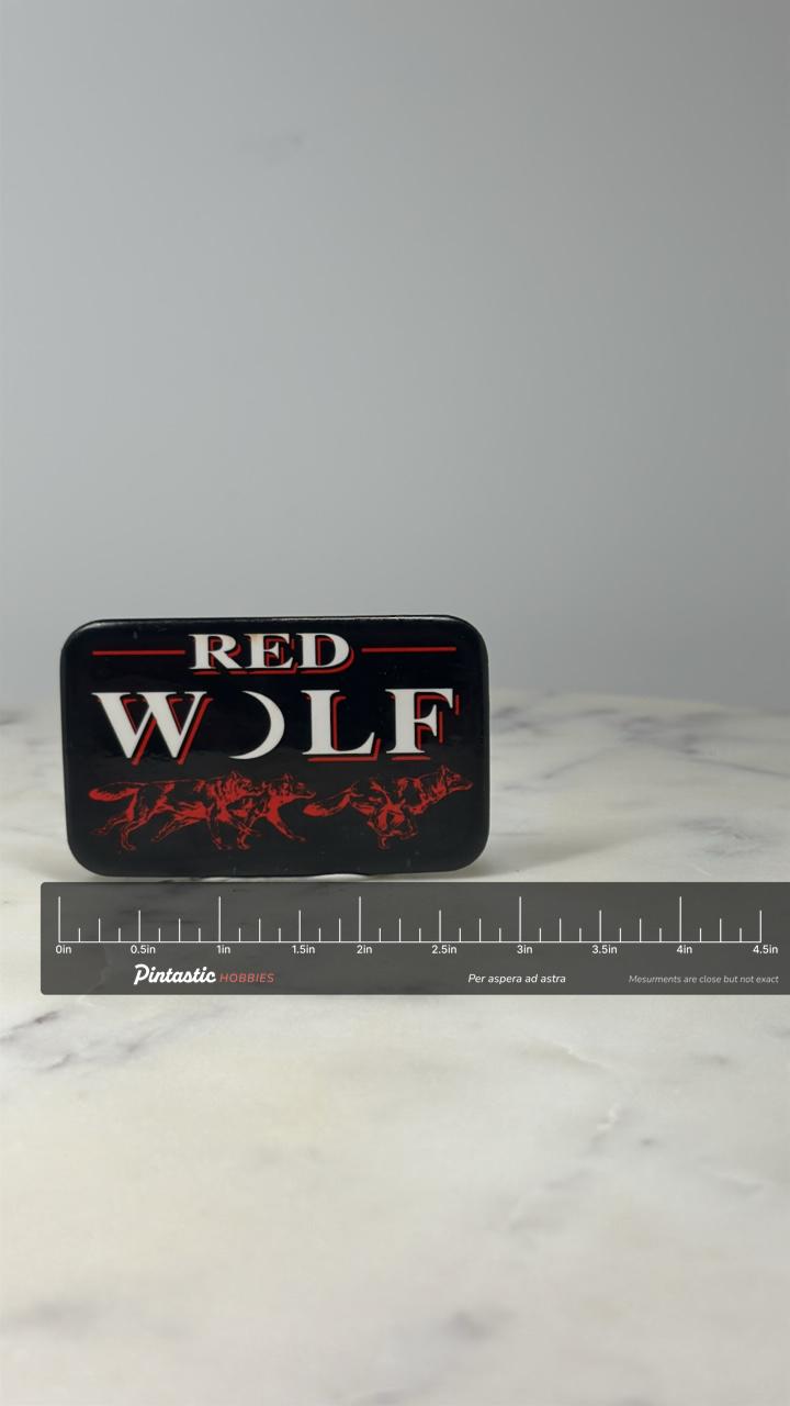 Red Wolf Button Pin: Black Red White - Wildlife Accessory with ruler overlay for size reference