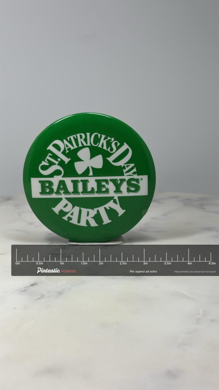 St Patricks Day Baileys Party Button Pin: Green White - Holiday Accessory with ruler overlay for size reference