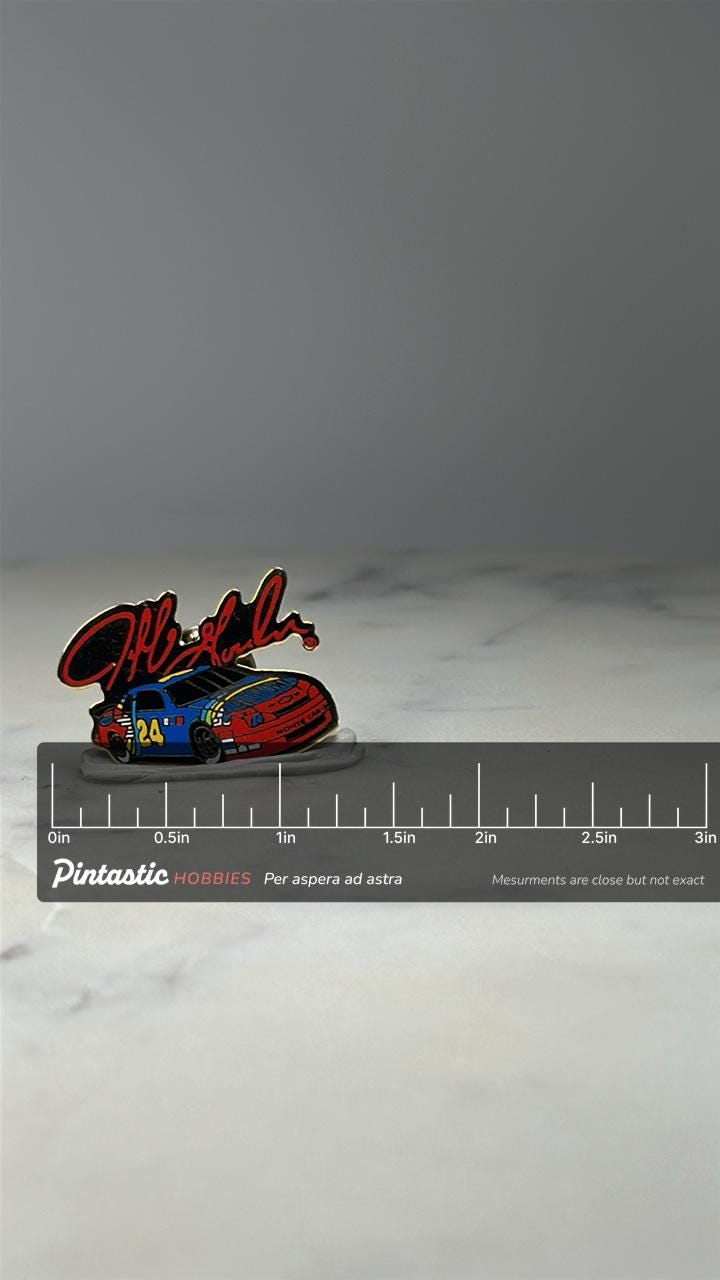 Jeff Gordon #24 NASCAR Pin: Colorful Enamel - 1990s Racing Accessory with ruler overlay for size reference