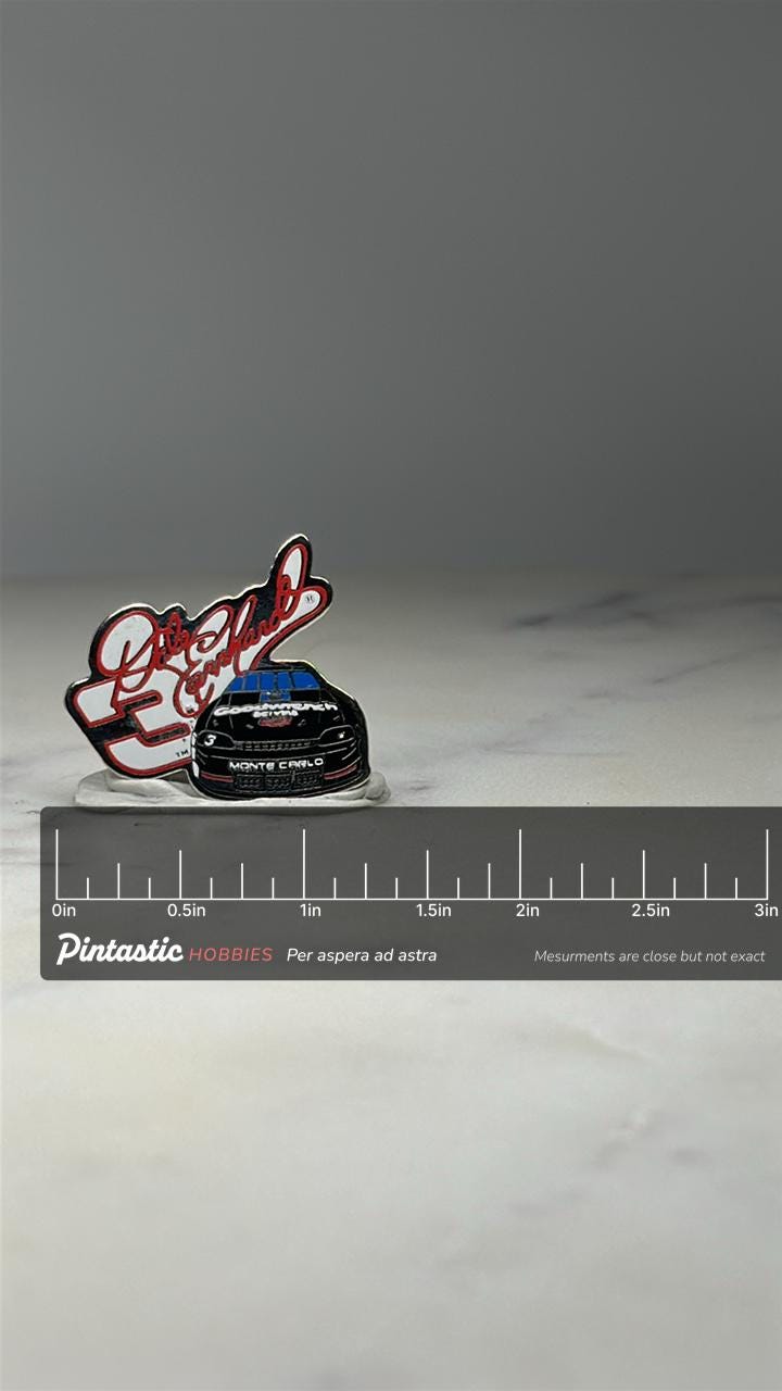 Dale Earnhardt #3 NASCAR Pin: Black Enamel - Racing Fan Accessory with ruler overlay for size reference