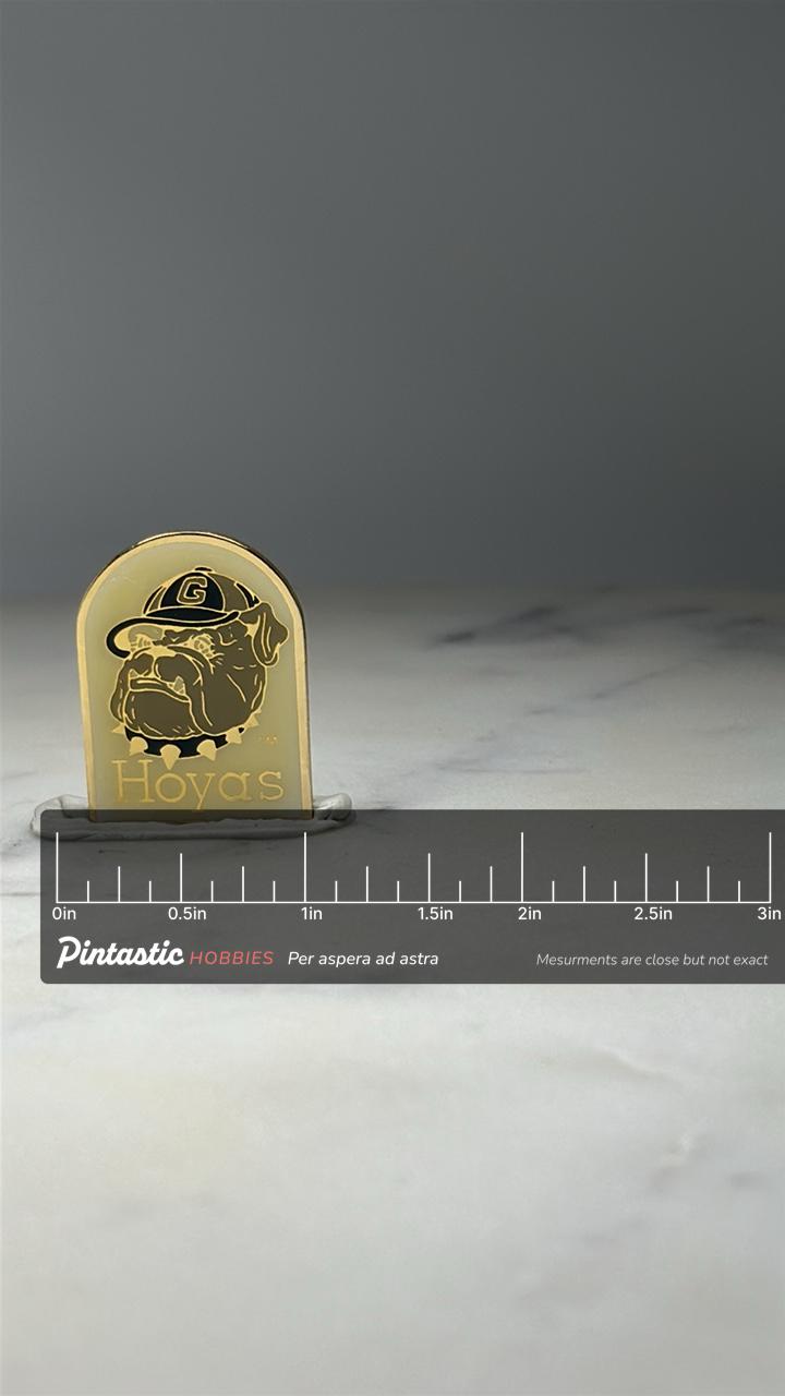 Georgetown Hoyas Mascot Enamel Pin: Gold Tone - College Accessory with ruler overlay for size reference