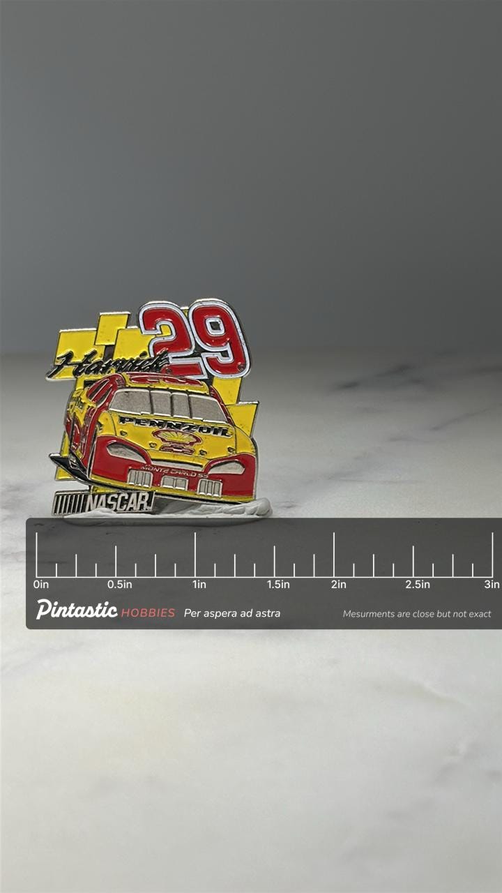 Kevin Harvick 29 NASCAR Pin: Yellow Red Enamel - Racing Accessory with ruler overlay for size reference