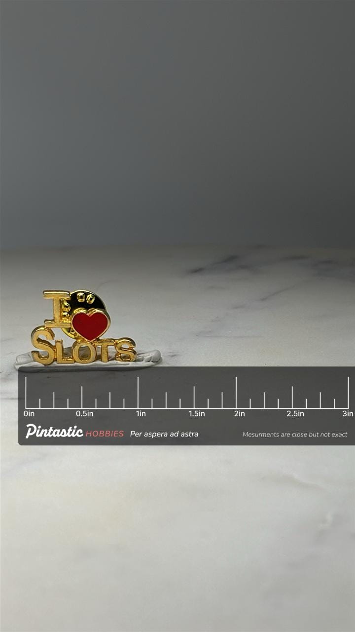 I Love Slots Enamel Pin: Gold Tone with Red Heart - Cute Slot Accessory with ruler overlay for size reference