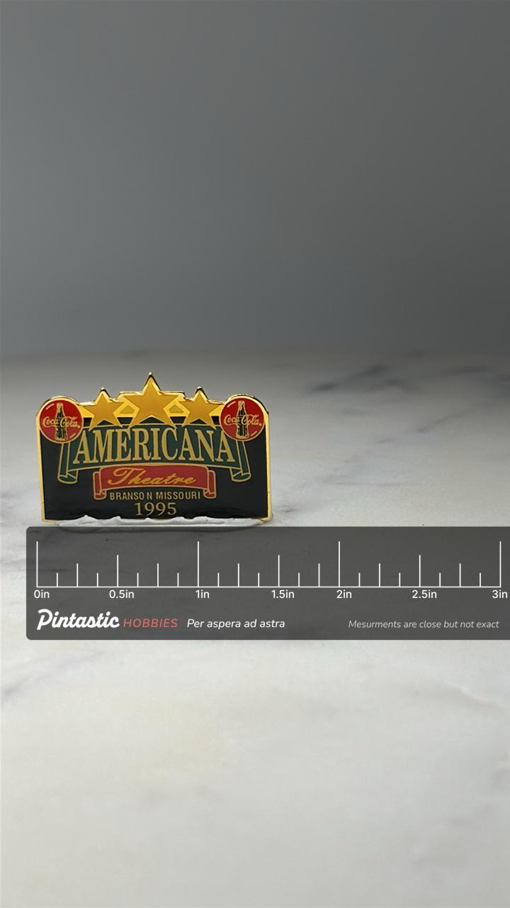 Americana Theatre Enamel Pin: Gold Tone 1995 Branson Accessory with ruler overlay for size reference