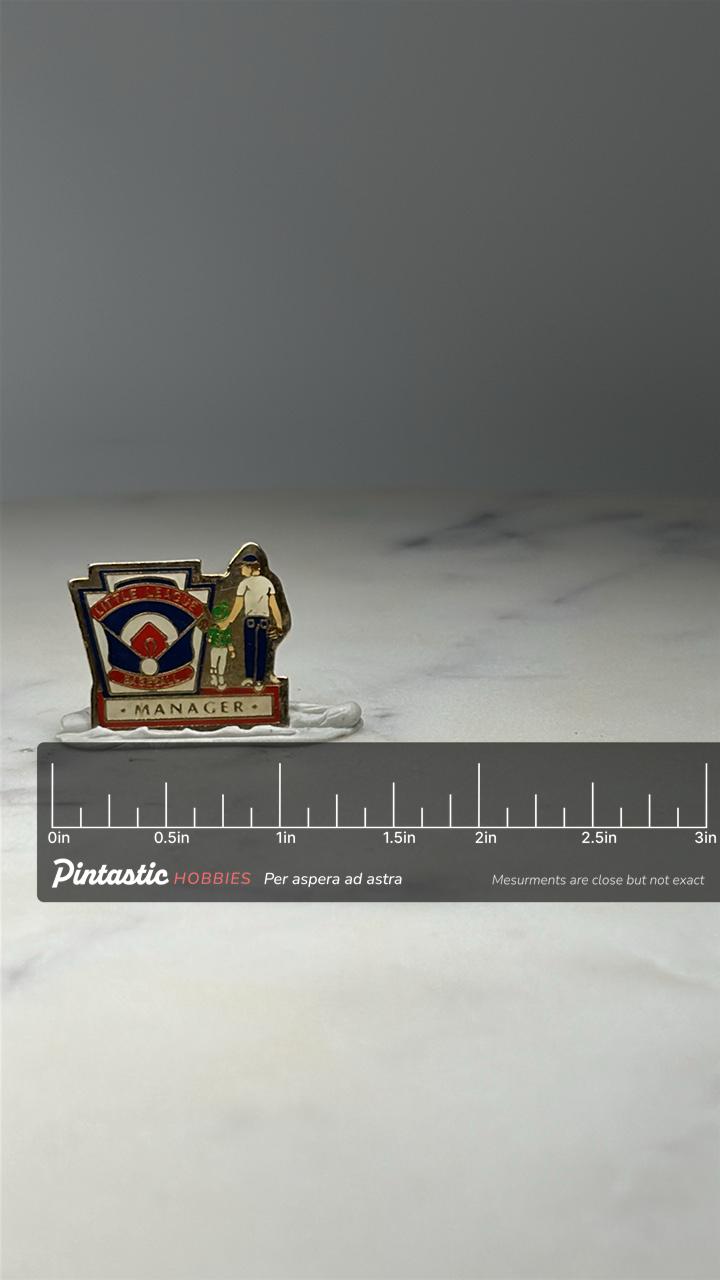 Little League Baseball Manager Pin: Enamel Gold Tone - Sports Award Accessory with ruler overlay for size reference
