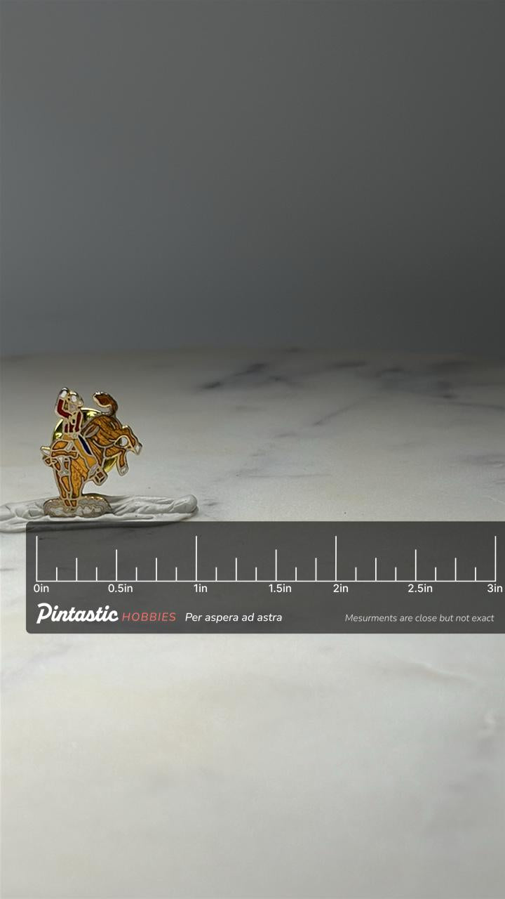 Rodeo Cowboy Bronco Pin: Gold Tone Enamel - Western Accessory with ruler overlay for size reference