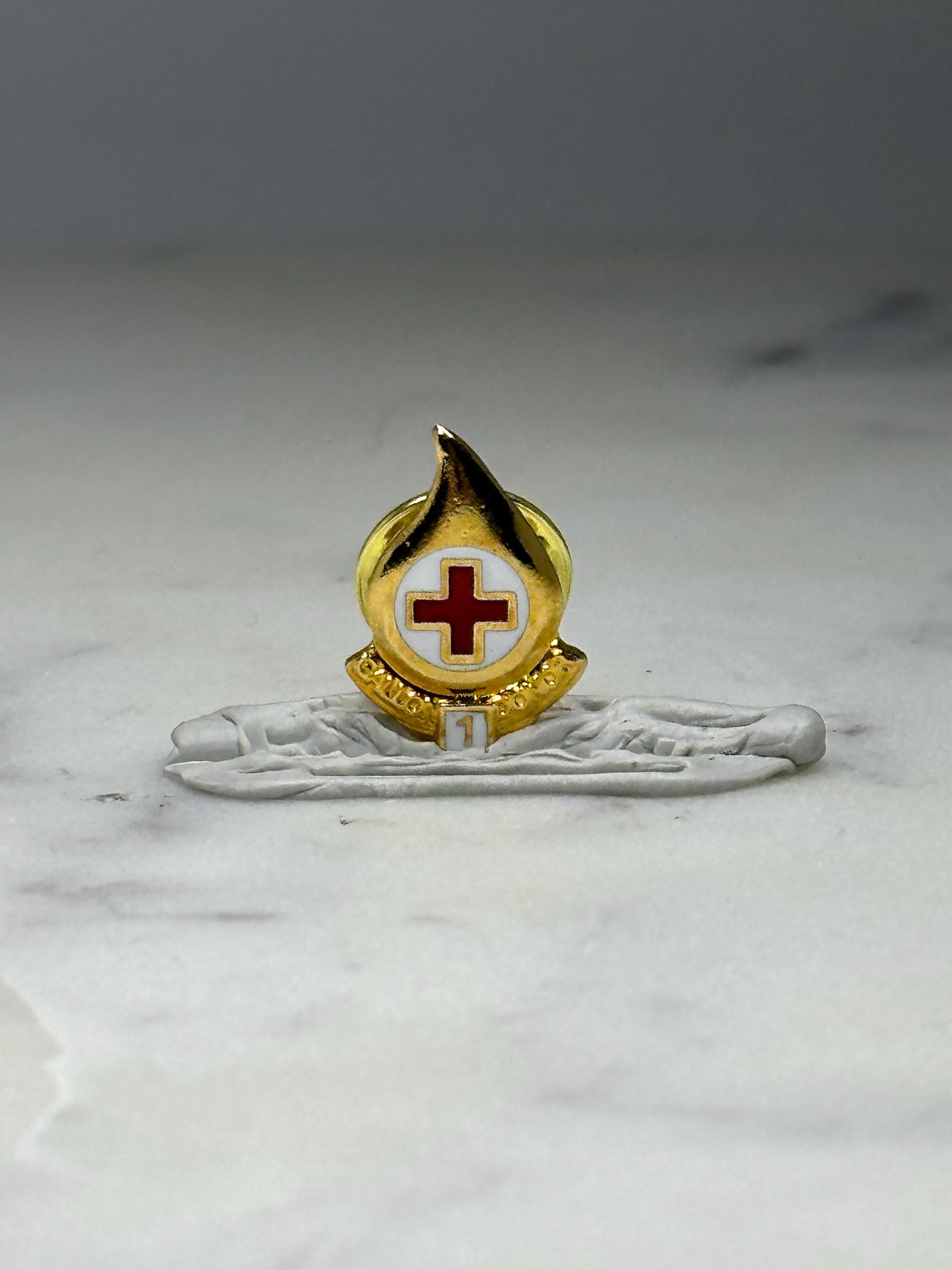 Red Cross 1 Gallon Club Blood Drop Pin: Gold Tone Enamel - Medical Award Accessory