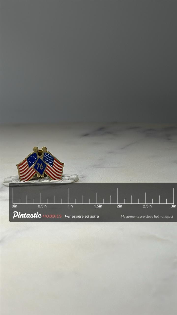 76 Bicentennial Flag Lapel Pin: Gold Tone Enamel - Patriotic USA Accessory with ruler overlay for size reference