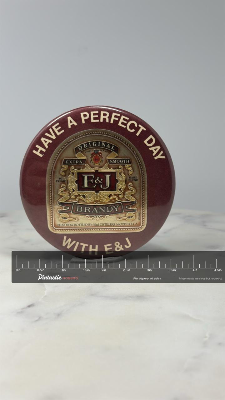 E and J Brandy Advertising Pin: Burgundy & Gold - Vintage Bar Accessory with ruler overlay for size reference