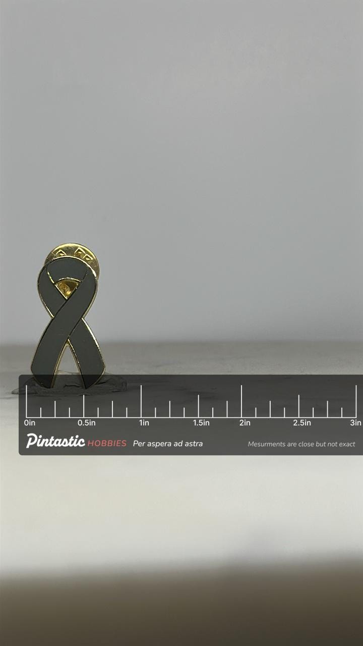 Gray awareness ribbon enamel pin: gold trim finish - supportive cause accessory with ruler overlay for size reference