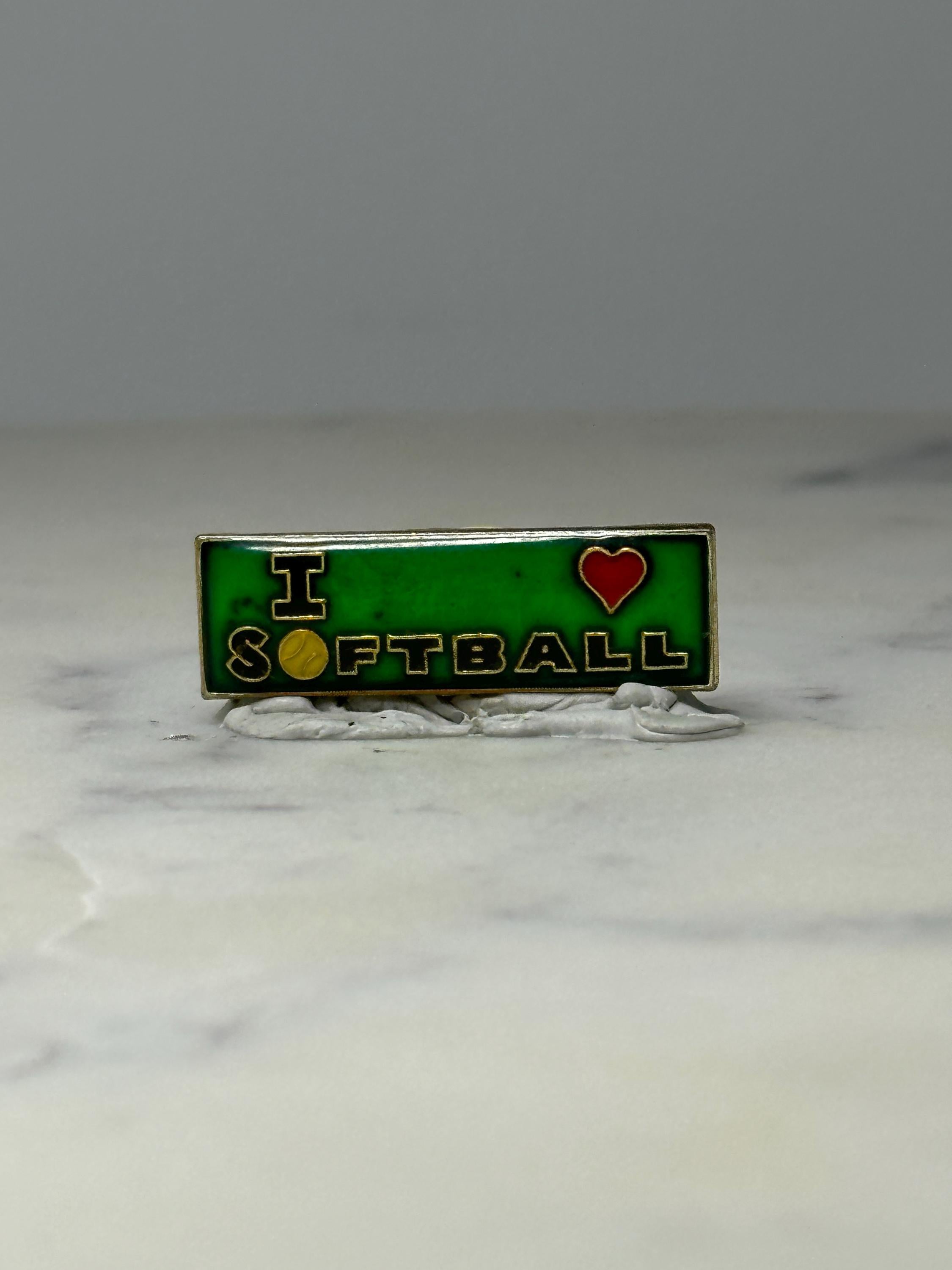 I Love Softball Lapel Pin: Green Enamel Gold Tone - Sports Fan Accessory