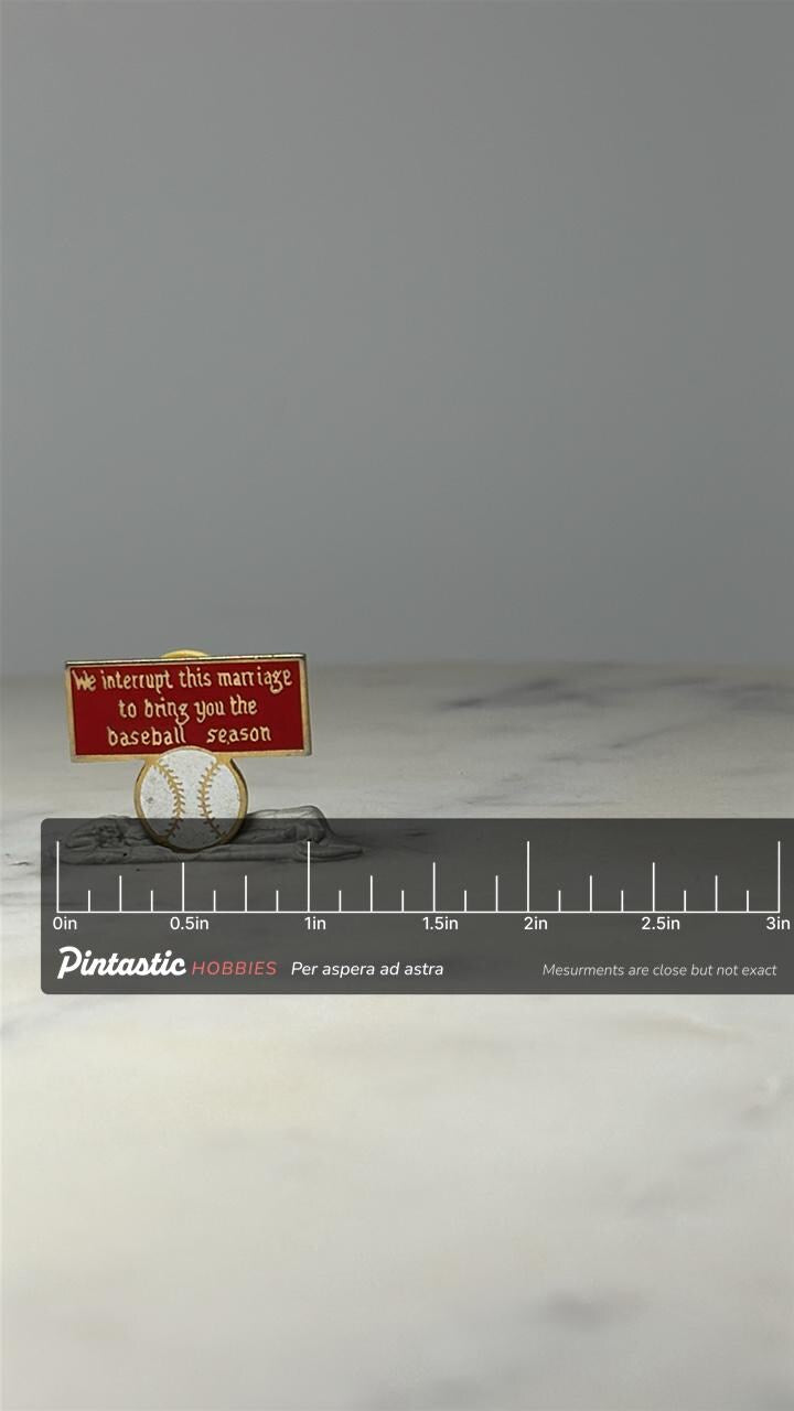Baseball Season Novelty Pin: Red Enamel Gold Tone - Sports Humor Accessory with ruler overlay for size reference