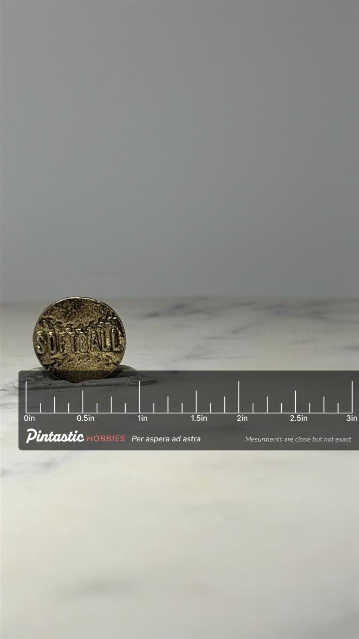 Softball Sports Pin: Silver Tone Metal - Vintage Athletic Accessory with ruler overlay for size reference