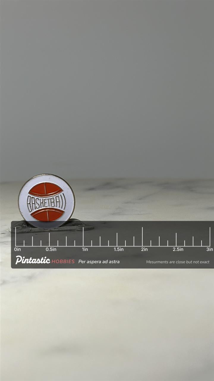 Basketball Enamel Pin: Red & White Round - Sports Fan Accessory with ruler overlay for size reference