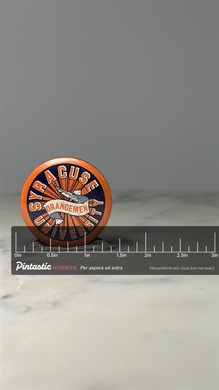 Syracuse University Orangemen Button Pin: Orange Blue - Vintage College Accessory with ruler overlay for size reference