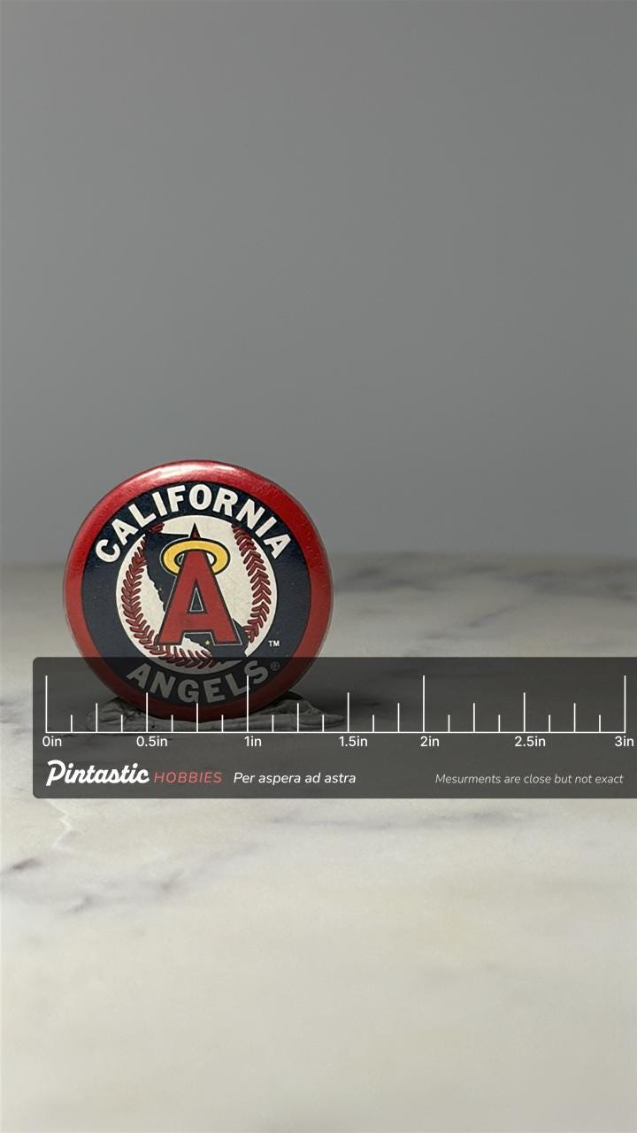 California Angels Baseball Pin: Red Enamel Logo - MLB Sports Accessory with ruler overlay for size reference