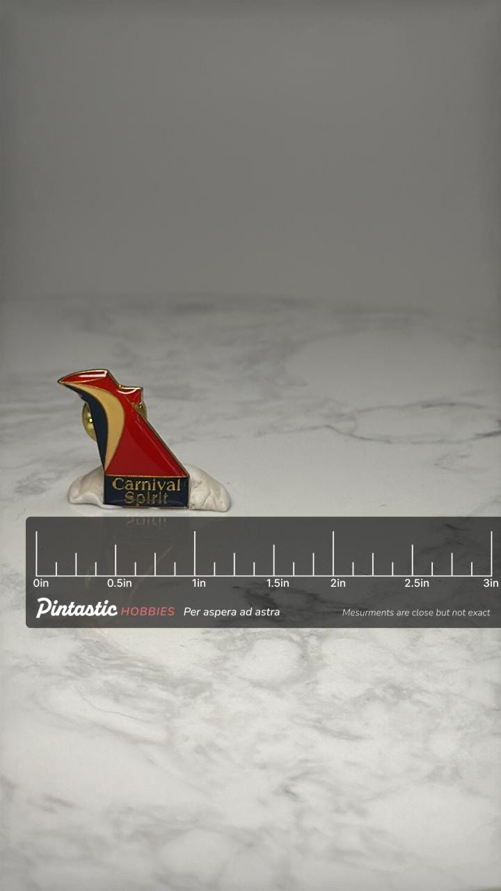 Carnival Spirit Cruise Ship Pin: Red Enamel Gold Tone - Travel Souvenir with ruler overlay for size reference